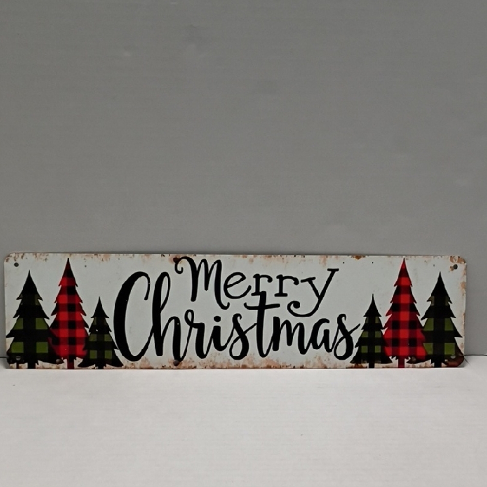 Festive Metal Merry Christmas Wall / Wreath Sign with Red and Green Plaid Trees